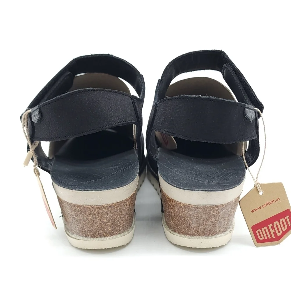 On Foot Wedge Casual Comfort Sandal Black Suede Leather Size 41 US 9.5